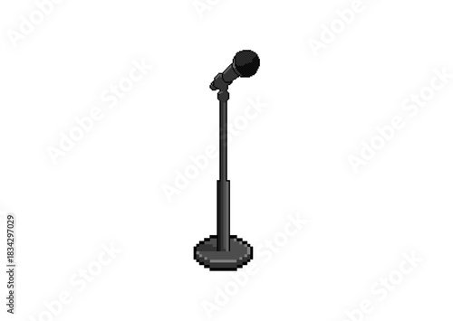 Pixel‑art illustration of a dark microphone on an adjustable stand, centered on a plain white background, suggesting audio, recording, or performance themes.