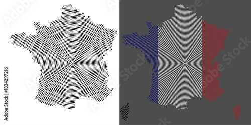 French map illustration. France map vector geometric dotted shape art pattern. Global European France flag color illustration showing French bordar, state country, France map dot art pattern