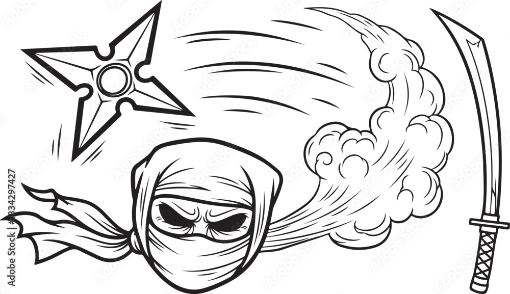 Obraz premium Dynamic Ninja Illustration with Flying Shuriken, Smoke Effect, and Katana Line Art