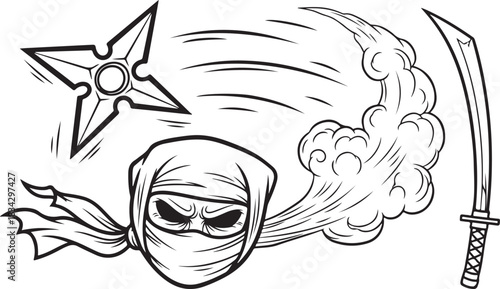 Dynamic Ninja Illustration with Flying Shuriken, Smoke Effect, and Katana Line Art