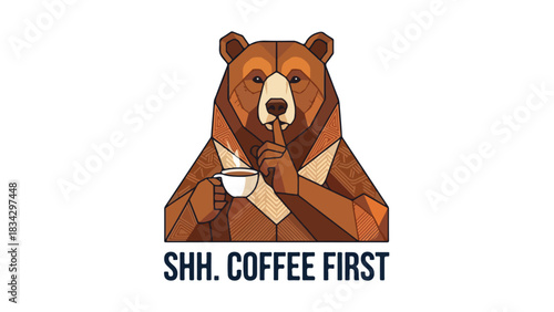 Bear Holding Coffee Cup Shushing Gesture Logo.
