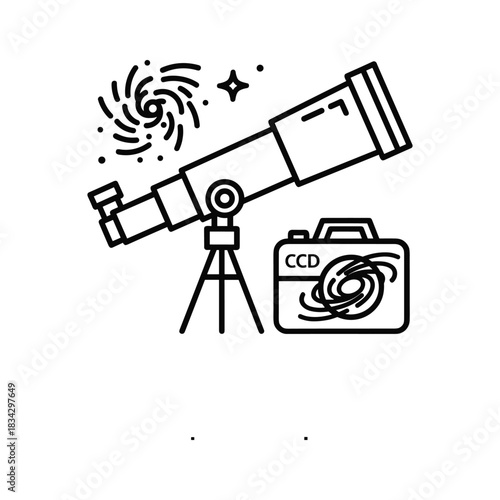 Astronomy telescope, ccd camera, galaxy, stars, space line icon