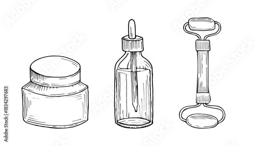 Skincare Tools and Products Line Drawing Black and white hand-drawn illustration of skincare items including cream jar, serum dropper bottle, and facial massage roller