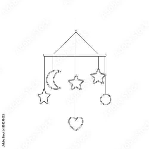 Outline of a baby mobile with moon stars heart and circle shapes line art drawing