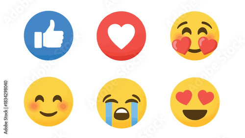 A collection of social media reaction emojis including like, love, and crying.