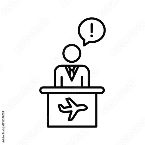 Person at counter with airplane symbol and exclamation speech bubble icon desk