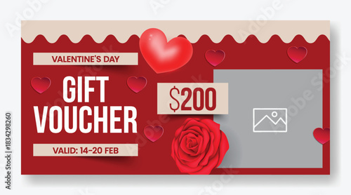 Minimal Valentine’s Day gift voucher discount coupon gift card reward giveaway template design with soft 3D heart accents and smooth vector illustration background sale web banner