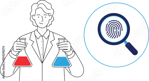 Illustration of a scientist or chemist holding two conical flasks with colored liquid, paired with a magnifying glass icon showing a unique fingerprint for forensic analysis and chemical research.