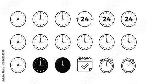 Comprehensive vector outline icon set featuring analog clocks indicating various times, a stopwatch, a calendar with a check mark, and 24-hour service symbols for scheduling and availability.