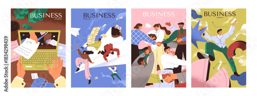 Posters with business processes set. Office workers are coworking. Working of businessmen. Workflow of employees. Concepts of analysis, meeting, teamwork, and getting offer. Flat vector illustrations.