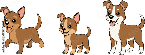 A massive collection of fifteen cheerful, stylized cartoon puppies and adult dogs, featuring diverse breeds and colors, perfect for children's designs.