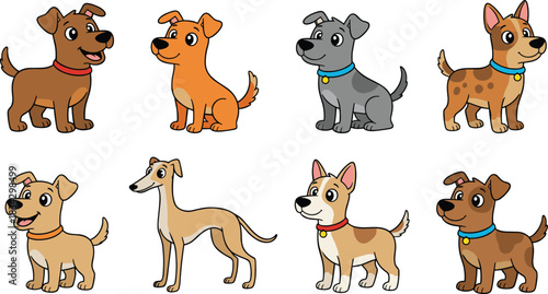 A charming collection of eight colorful, happy cartoon puppies and dogs of various breeds and colors, vector illustration on a white background.