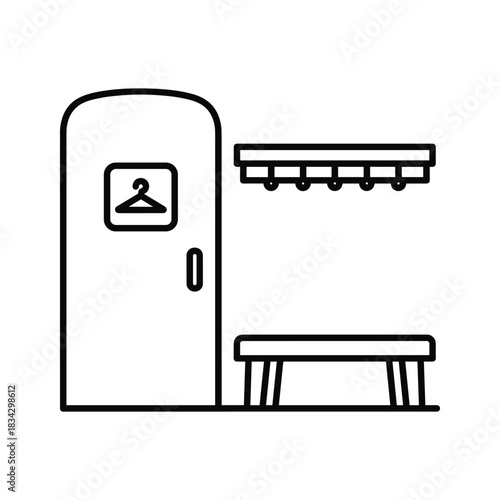 Simple line drawing of a changing room with bench and hooks locker room dressing room