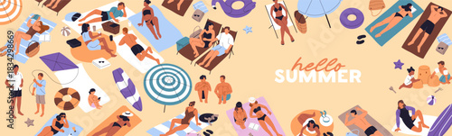 Hello summer banner design with people sunbathing on sand beach. Template with tourists lying on blankets, chaise lounges and relaxing on coast. Sea resort vacations layout. Flat vector illustration.