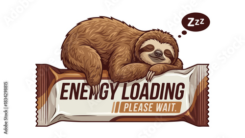 Sloth Resting on Energy Bar: A Humorous Illustration of Sleepy Recharge.