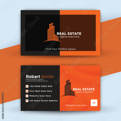 Modern real estate business card template design with city skyline