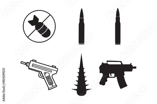 The image displays a collection of six black and white icons related to weaponry. In the top row, there's a crossed-out bomb and two bullets. The bottom row features a handgun, a spiky projectile,