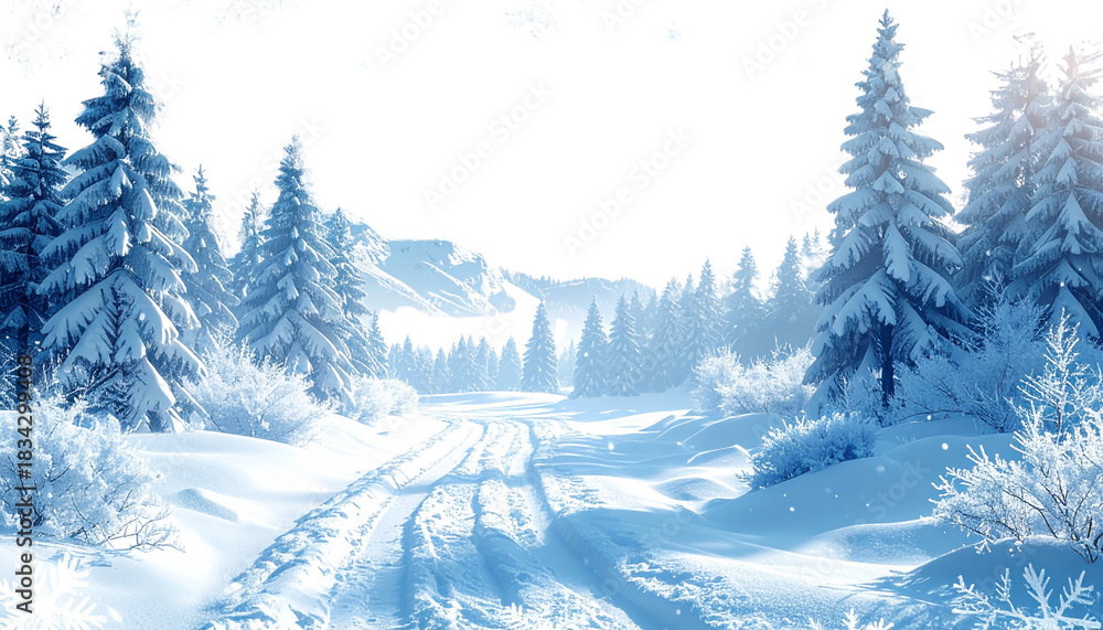 Fototapeta premium Snow-covered winter landscape with trees. Perfect for seasonal designs, holiday projects, nature backgrounds, winter scenes, and digital creative artwork.