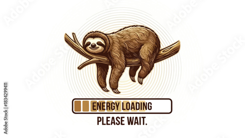 Lazy Sloth Resting on a Branch with Energy Loading Message.