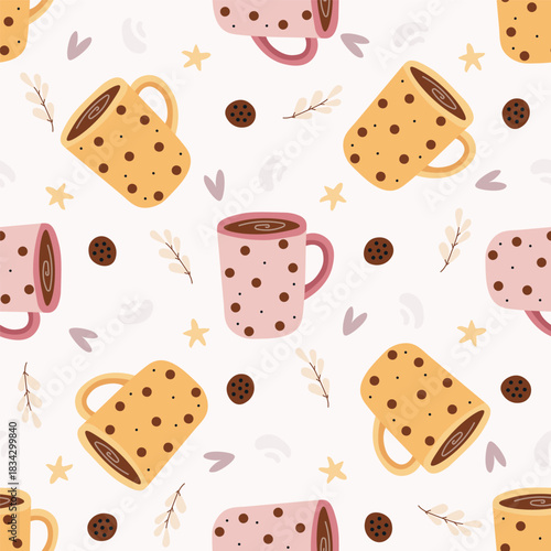 Cozy Coffee Mugs and Beans Seamless Pattern, vector illustration