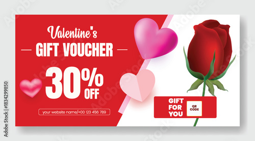 Creative Valentine’s Day gift voucher discount coupon gift card reward giveaway design with floating 3D heart graphics and modern vector illustration background horizontal sale banner layout