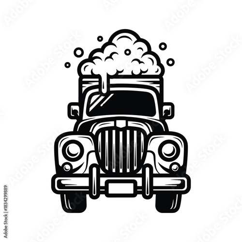 Vintage truck overflowing with foamy beer and bubbles vehicle