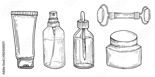 Hand Drawn Skincare and Cosmetic Product Set Black and white illustration of various skincare bottles and jars, perfect for beauty blogs, packaging, or cosmetic branding designs