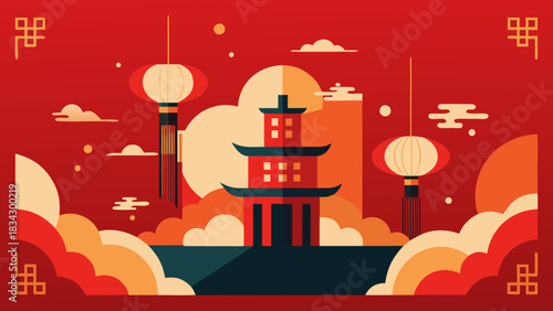 Vibrant chinese new year celebration with traditional pagoda lanterns and festive red background