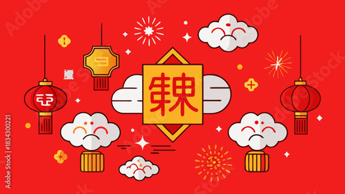 Festive chinese new year illustration with traditional lanterns fireworks and cute clouds on a red background