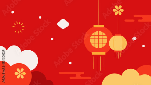 Vibrant red background with traditional chinese lanterns clouds and festive floral elements