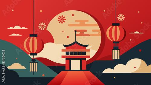 Traditional chinese temple gate with lanterns and moon in a stylized landscape at night