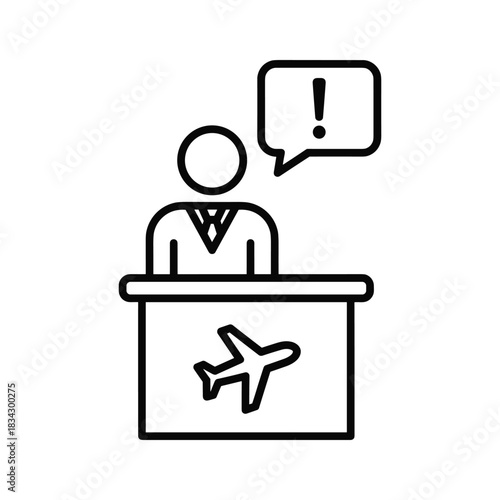 Airport check-in desk with airplane symbol and exclamation speech bubble counter service