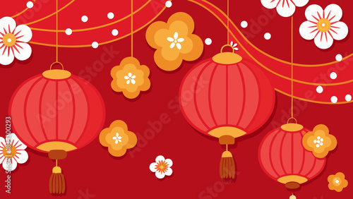 Red chinese lanterns and floral decorations hang against a vibrant red background with white dots