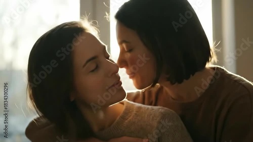 Affectionate Morning Moment: Two Women Sharing a Tender Kiss and Connection Over a Steaming Drink