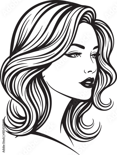 Black and white profile illustration of a woman with long wavy hair and dark lipstick