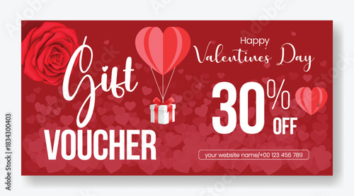 Romantic Valentine’s Day gift voucher discount coupon gift card reward giveaway template design with 3D heart graphics and stylish marketing vector illustration background horizontal sale web banner