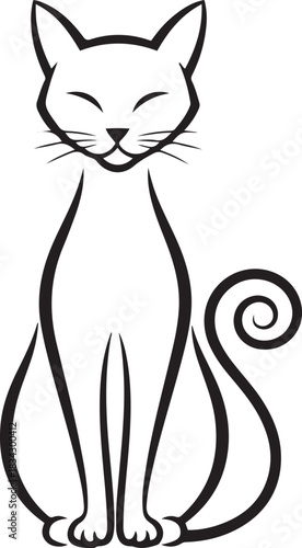 Black outline drawing of a stylized sitting cat with closed eyes and curly tail feline
