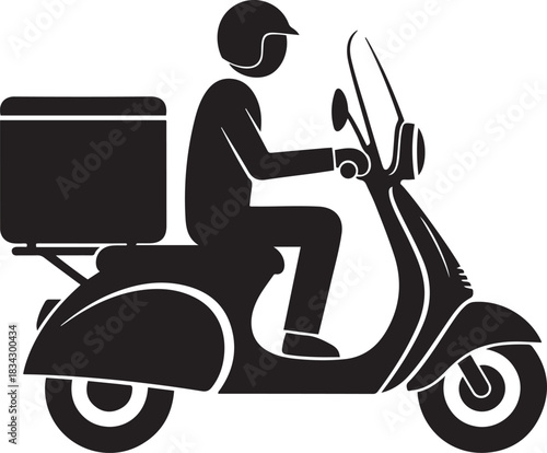Black silhouette icon of a person riding a scooter with a delivery box moped motorcycle