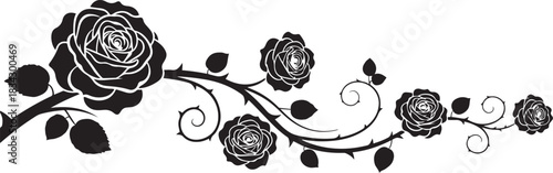 Black Silhouette Rose Vine with Swirls and Leaves Border Design flower branch
