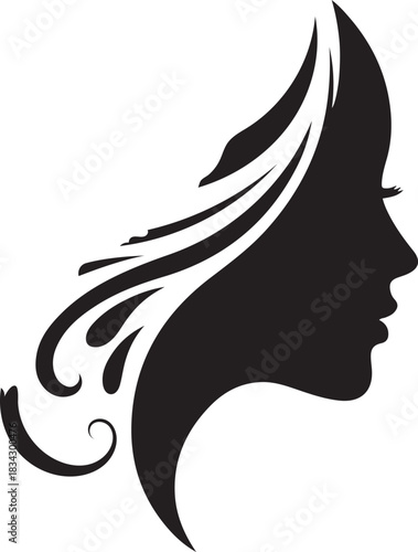 Black Silhouette Profile of a Woman with Flowing Hair head face