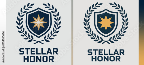Stellar Honor laurel shield with eight‑point star, award crest emblem pair; classic heraldic vector logo for certificates, trophies, security and premium branding