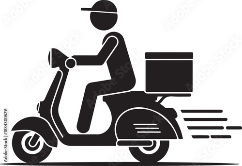 Delivery person riding a scooter with a box on white background motorcycle rider