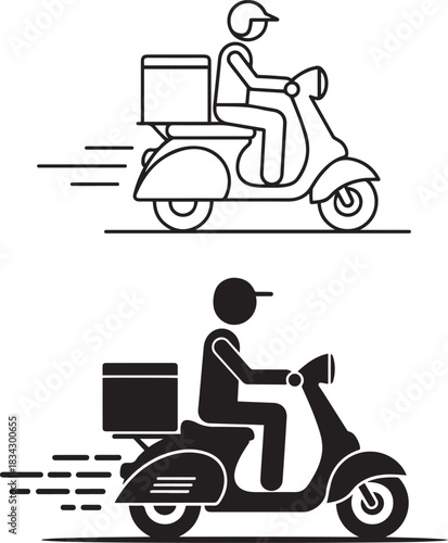 Delivery Scooter Rider Icon Line Art and Silhouette motorcycle moped