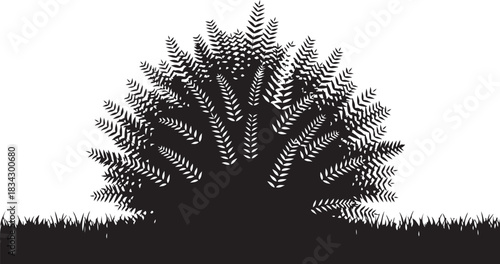Detailed bush silhouette with textured leaves and grass on white background shrub