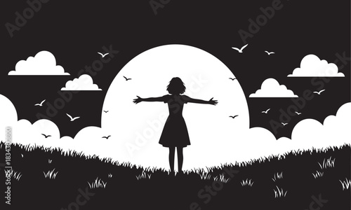 Silhouette of a girl with arms outstretched against a large moon and clouds freedom