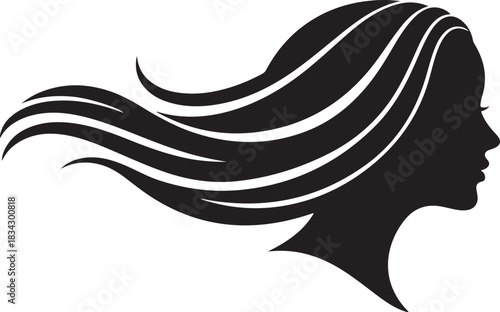 Silhouette of a woman's profile with flowing hair on a white background female