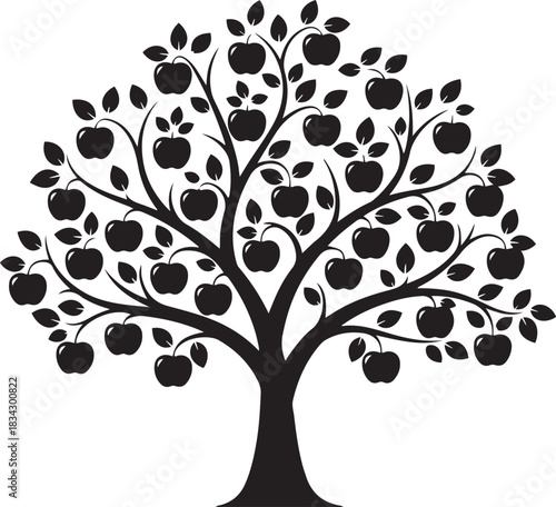 Silhouette of a mature apple tree laden with ripe apples on a white background fruit tree