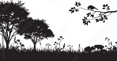 Silhouette of trees, grass, flowers and a bird on a branch vector illustration