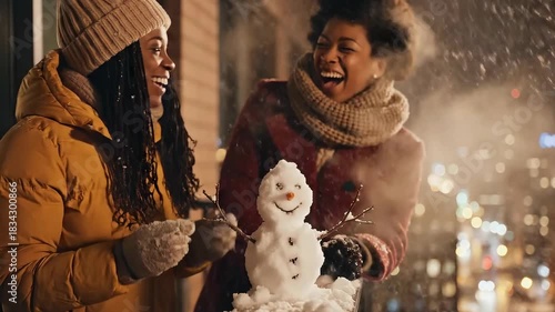 Happy Young Women Building a Snowman on a Snowy Winter Balcony at Night