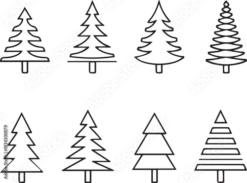 Stylized Christmas Tree Icons Outline Collection Various Designs pine tree fir tree